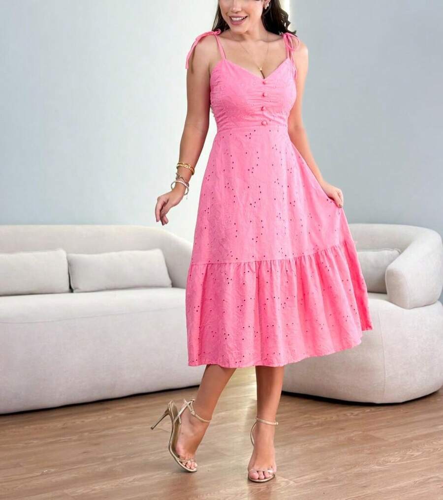 MIDI DRESS WITH TIES ON THE STRAPS IN LAISE - Rosa - View 1