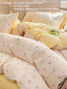 3/4pcs Bedding Set, Cartoon Rabbit Pattern Duvet Cover, Yellow Daisy Double-Sided Print Duvet Cover Set, Skin-Friendly & Breathable, Zipper Closure, Soft & Cozy Bedroom Bedding Set, Cute & Fresh Style With Black Polka Dot Print Pattern, Suitable For All Seasons (Includes 1 Duvet Cover, 1 Bed Sheet, 1 Or 2 Pillowcases, No Filler) - Rabbit Dream Blossom - View 2