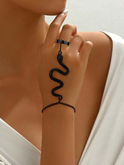 1pc Vintage Gothic Exaggerated Snake Shaped Finger Ring Bracelet, Dark Punk Hip Hop Style Jewelry
