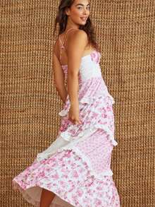 Women's Floral Dress Stylish Lace Patchwork Ruffled Trim Sleeveless Spaghetti Strap V Neck A-Line Long Dress For Summer - 粉色 - 查看 3