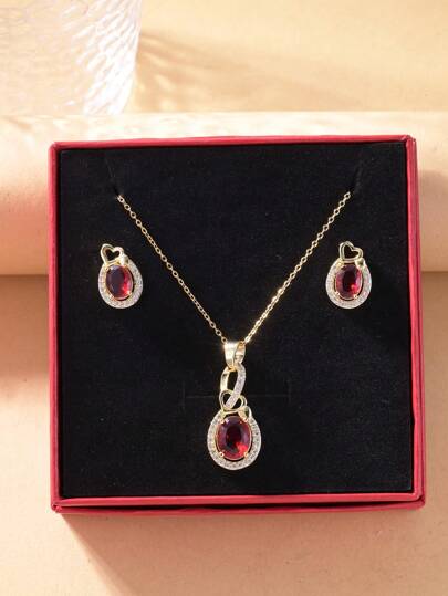 KKCOLA 3pcs/Set Fashion Red Oval Zirconia Necklace Earring Gift Set, High-End Jewelry Birthday Gift, Stainless Steel Party/Mother's Day Accessory Jewelry, Popular Everyday Accessories