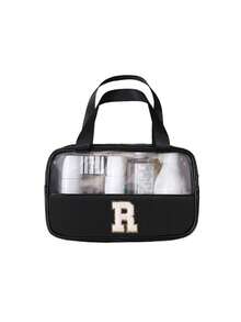 1 pièce Sac cosmétique transparent en PVC, organiseur de lettres de A à Z, trousse de maquillage de voyage, sac de toilette étanche pour la salle de bain, articles de voyage essentiels, convient pour le liner pour les yeux, le brillant à lèvres, les soins de la peau, la brosse à dents, la tasse, le savon, le shampoing, le peigne, cadeau pour la mère, l'amant, l'ami, la meilleure amie, cadeau de vacances - Noir - Voir 27