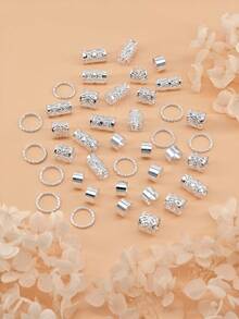 40/80个/套 复古镂空发圈，金属发夹，发饰，夏季编发装饰，适用于编发，爪夹，发爪，发夹，发卡，学习用品 - 銀色 - 查看 6