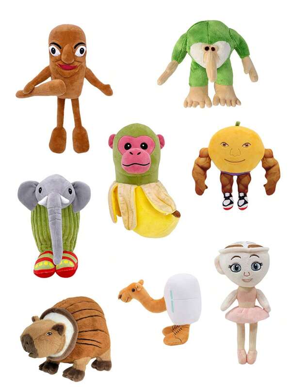 Set de muñecos de peluche con diseños divertidos como el sonido "Tung Tung Tung", el hombre del palito, el hombre de neumático, el cactus, el elefante, la niña de la taza de té, el capibara, el camello y otros diseños creativos como regalos para cumpleaños, decoración de habitaciones de niñas y coleccionistas
