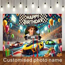 1pc Customizable Photo Name Racing Theme Happy Birthday Backdrop Race Track Black And White Flag Balloon Gift Box Pattern Design For Racing Theme Birthday Party Cake Table Decoration Photography Banner Vinyl