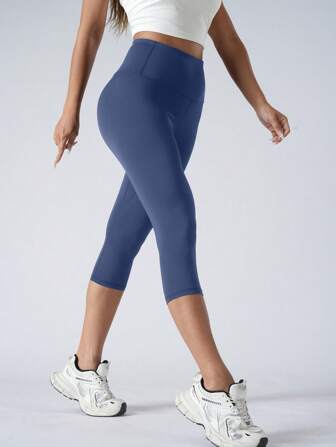 Women's High Waist Tummy Control Stretchable Yoga Capri Leggings Solid Color Fitness Pants