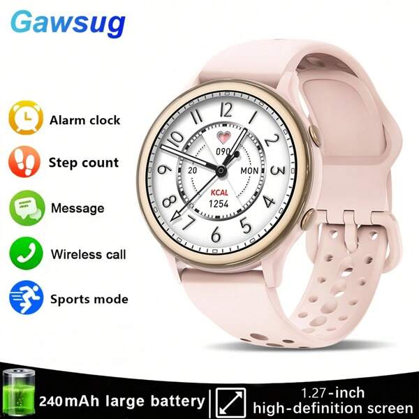 Gawsug Smart Watch, 1.27-Inch Round Screen Women's Watch, 240mAh Battery Capacity, Wireless Calling And Information Prompts, Remote Camera/Music Player, Compatible With IOS And Android, Weather, Stopwatch, Alarm Clock, 100+Sports Mode