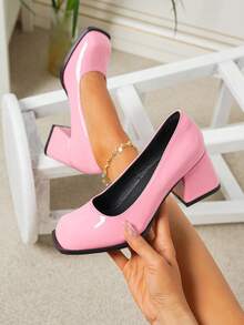 Fall/Winter 2025 Vintage French Mary Jane Shoes, Women Solid Color New Spring High Heels Small Leather Shoes, Square Toe Chunky Heels,Elegant,Women Pumps - Baby Pink - View 3