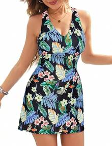 JASAMBAC Swimdress Swimsuits Women Tummy Control Skirt Swimwear A Line Print Bathing Suits - Lá xanh đen xanh lá cây - Xem 1