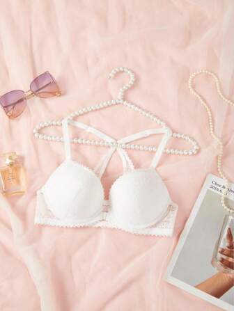 Sexig spets-bh med hakar framtill och bekväm sömlös brottarrygg för kvinnor, lyfter och stödjer små byster.