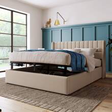 Cama tapizada 160x200 cm, cama hidráulica de lino, diseño de rayas verticales, somier moderno con espacio de almacenaje, cama funcional con canapé, estructura de metal, color beige lino