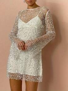 Women's Glitter Mini Dress Long Sleeve Round Neck Sheer Sequin Dress Two Piece Outfit - trắng - Xem 2