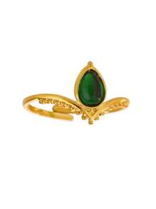 1 peça de anéis de zircônia verde com gota d'água para mulheres, cor dourada, aço inoxidável, geométrico, anel ajustável, joia estética para casamento, presente