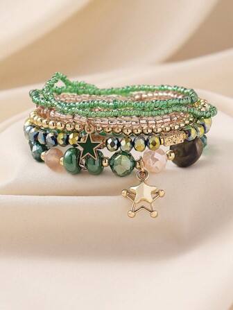 6 件套波西米亚风格树脂玻璃 CCB 串珠星形吊坠多层手链，适合女性日常休闲海滩度假穿着