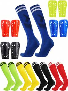 Kids Football Sock And Shin Guard Set - 1 Pair Shin Guards + 1 Pair Long Sports Socks, Double-Layer Shin Pads, Breathable Anti-Slip Long Sports Socks - Multicolor - View 2