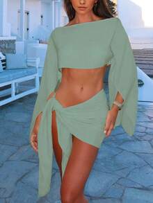 女士夏季新款针织两件套，优雅大袖度假风裹身裙，时尚别致，适合度假、美国独立日、毕业季，黄色 - 抹茶綠 - 查看 1