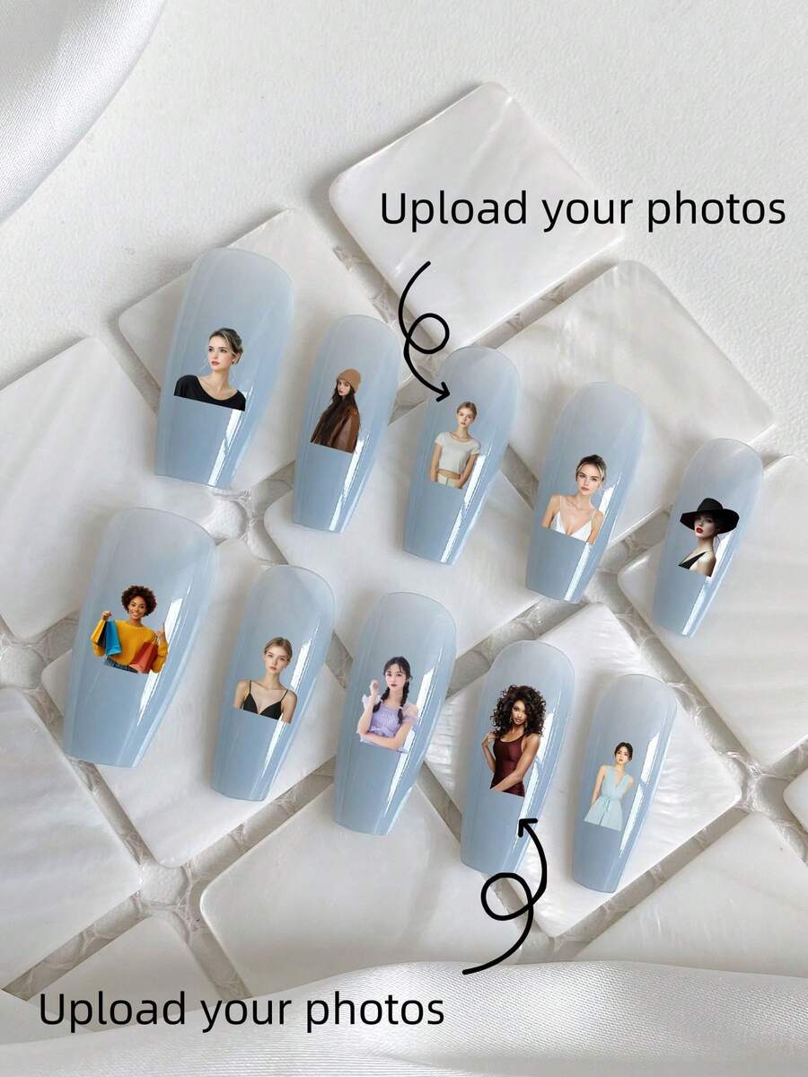 10 Pieces Acrylic Press On Nails, Beautiful Coffin-Shaped Fake Nails, DIY, Custom Pattern,Halloween Nails,Christmas Nails,Customization Of Christmas And Halloween Elements, Nail Supplies,Blue Nails,Suitable For Ladies To Use In Weddings, Parties, Holidays, Gift Nail Tools. - Multicolor - View 1