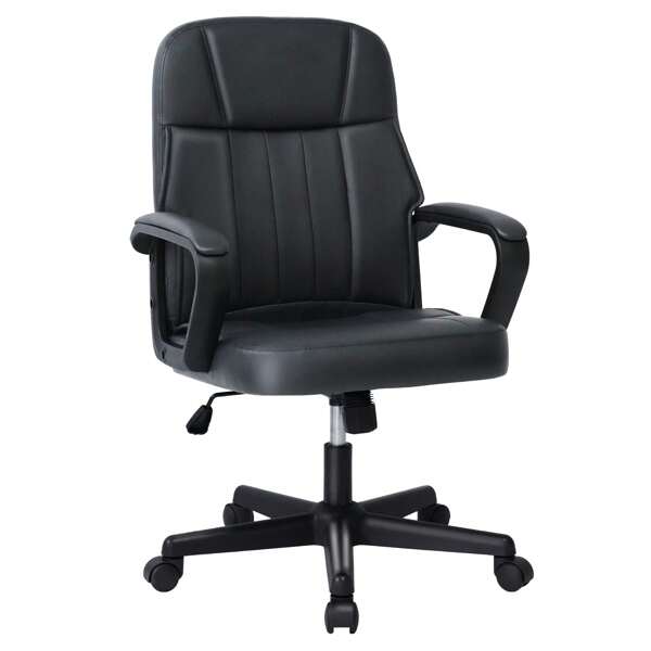 Schreibtisch Stuhl Bürostühle PU-Leder,Drehstuhl mit Verstellbarer Höhe,festen Armlehnen & 360°-Rädern, robuster Schreibtischstuhl für Erwachsene, Gaming, Lernen, Arbeiten (Schwarz)