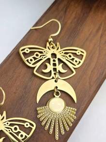 2 piezas Pendientes con colgante de forma de luna calada de piedra natural exquisita, pendientes con colgante de estilo bohemio de metal dorado para mujeres, adecuados para salidas, fiestas, reuniones, a juego con ropa diaria