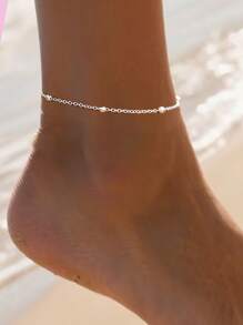 1pc Minimal Elegant Heart Double Layer Beaded Chain Anklet, Suitable For Women To Wear On Festivals And Everyday