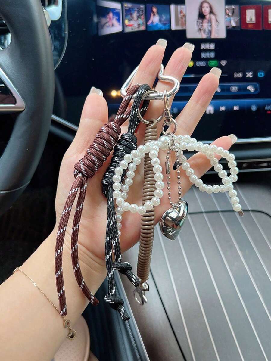 Yogodlns 卡哇伊 1 件时尚风格甜美酷炫仿珍珠绳结五角星吊坠钥匙扣钥匙圈包饰，适合日常佩戴生日礼物创意钥匙扣 DIY 包包吊坠可爱配饰礼品创意 - 彩色 - 查看 1