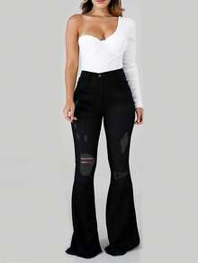 Chicsale Women's High Waisted Ripped Flared Jeans With Frayed Hem And Whiskering Distress Stylish Denim Pants For Fashionable Women Casual Wear Perfect For Everyday Outfits - 黑色 - 查看 2