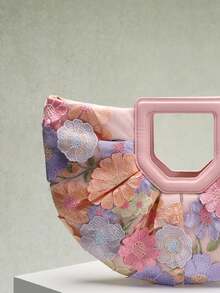 1 Peça Bolsa Sacola Grande com Aplicação de Bordado em Tela Floral Colorida em Estilo Esculpido, Bottom de Linho, Elegante Estilo de Praia e Férias de Verão, Adequado para Usar com Vestidos Longos (Padrão Floral Enviado Aleatoriamente)