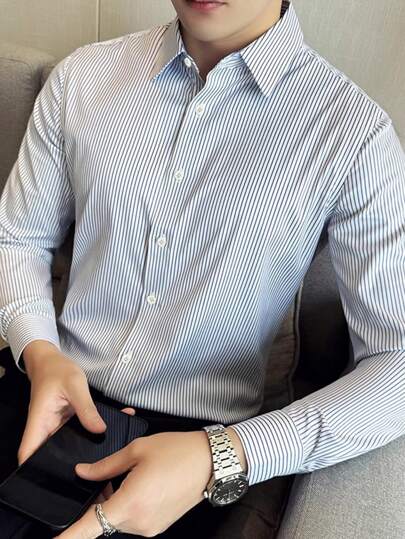 男士时尚商务休闲条纹印花长袖衬衫，秋季