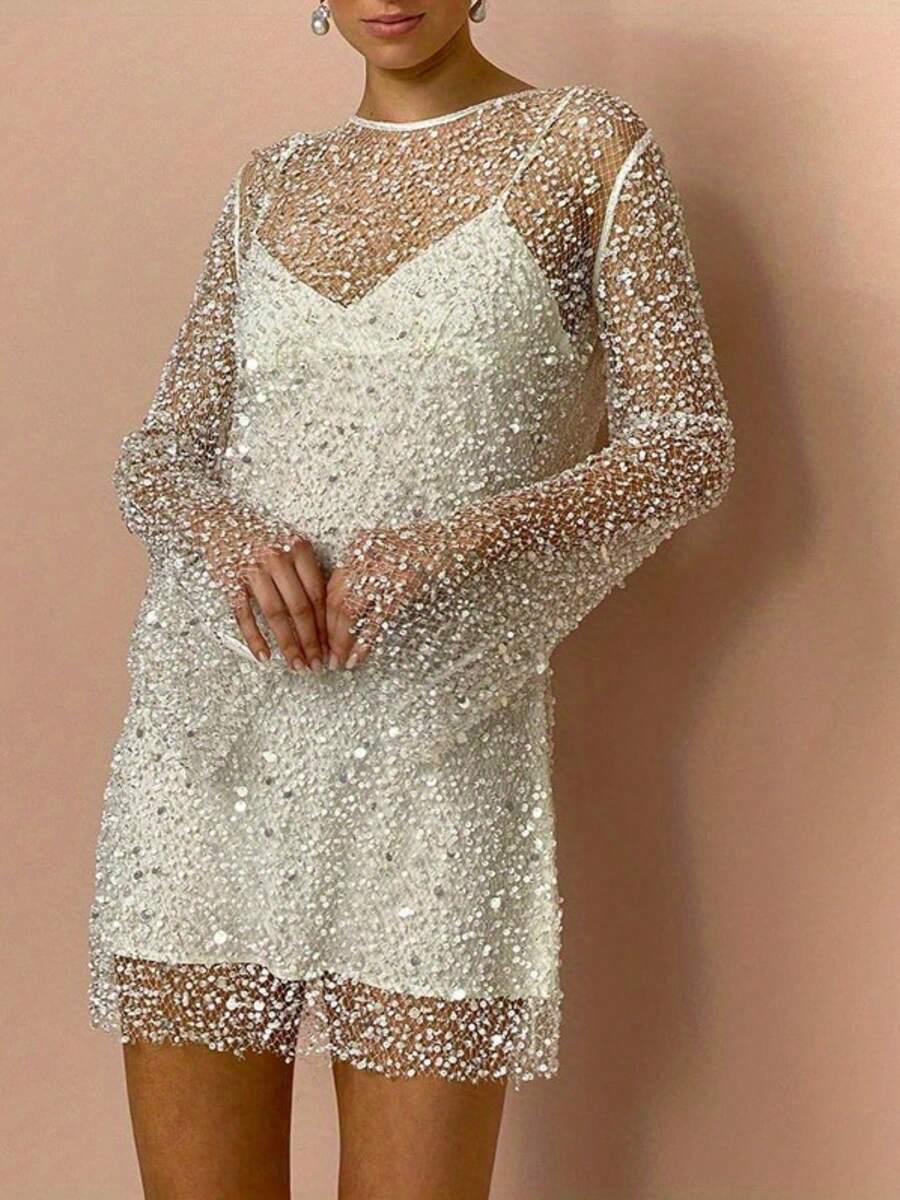 Women's Glitter Mini Dress Long Sleeve Round Neck Sheer Sequin Dress Two Piece Outfit - trắng - Xem 1