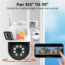 1 pieza Cámara de seguridad inalámbrica para exteriores con doble lente de 2MP+2MP, WIFI de 5G, sistema de cámara IP de vigilancia doméstica inteligente con PTZ, seguimiento automático, alerta y visión nocturna a color, con rotación panorámica e inclinación, compatible con audio bidireccional
