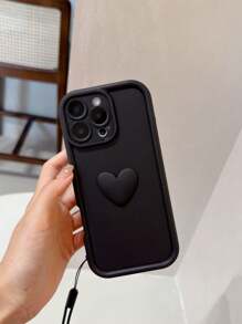 1 pieza Funda de teléfono con forma de corazón negro + 1 pieza Cordón de silicona negra, compatible con iPhone 11, 12, 13, 14, 15, 16 Pro Max, S25 Ultra, S24 Plus, A53