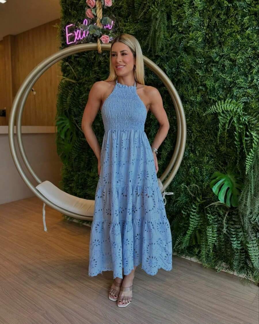 VESTIDO FEMININO FRENTE UNICA MID LESIE DELICADO CASAMENTO - Azul bebê - Visão 1