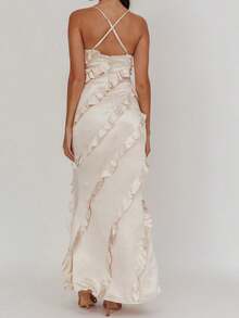 Women's Summer Long Cami Dress Sleeveless Cross Back Ruffle Trim Spaghetti Strap Dress - 米色 - 查看 2