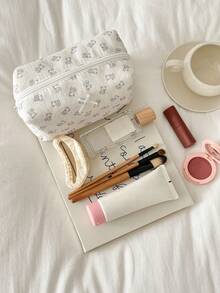 Cute Bear Print Fluffy & Soft Makeup Bag, Zipper Cosmetic Bag, Large Capacity Plaid Toiletry Bag, Travel Skincare & Cosmetics Organizer, Essential For Travel, Vacation, Back To School - Baby Blue - View 5