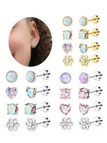 Hypoallergenic 316L Stainless Steel Stud Earrings For Girls Women, Screw Back Earrings For Sensitive Ears Cute Flower Butterfly Stud Hoop Earrings Screwback Girl Earrings 1-21 Pairs - Cubic Zirconia Earrings - View 12