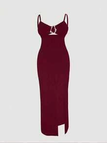 优雅不对称金属装饰镂空高开衩吊带裙，夏季新品，女士约会之夜装扮，派对礼服