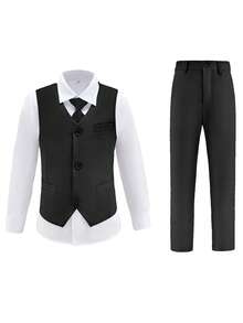 男童四件套西装套装幼儿燕尾服礼服结婚礼服背心裤子衬衫领带儿童黑色尺码 6-14 岁 - 黑色 - 查看 1