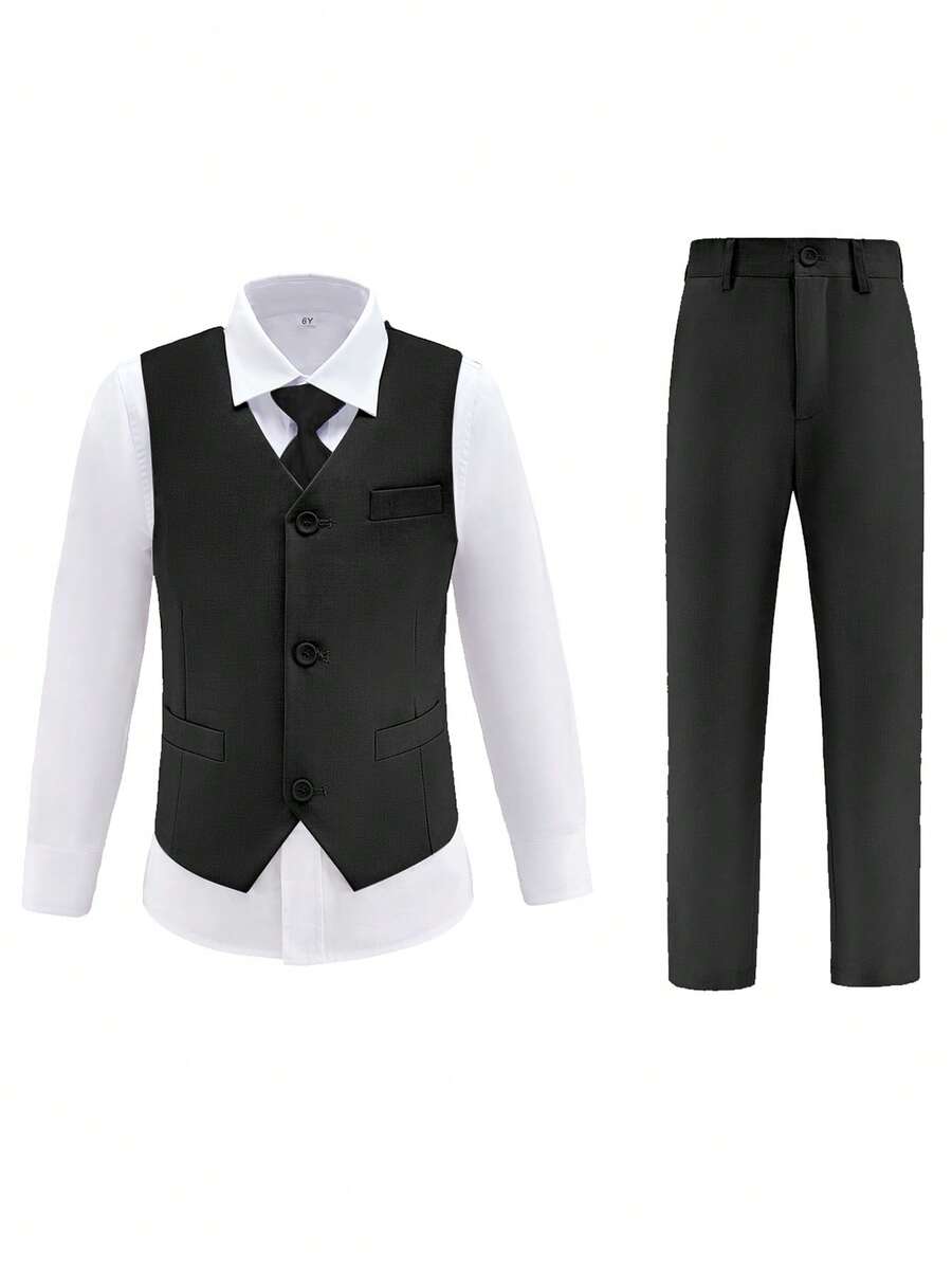 男童四件套西装套装幼儿燕尾服礼服结婚礼服背心裤子衬衫领带儿童黑色尺码 6-14 岁 - 黑色 - 查看 1