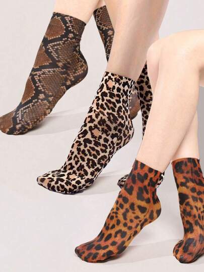 6/3/2/1 Pair Leopard Print, Snake Print, Tiger Print, Butterfly Rose Skull Print Breathable Thin Short Socks, Women Sheer Hosiery & Socks