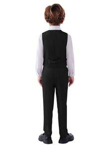 男童四件套西装套装幼儿燕尾服礼服结婚礼服背心裤子衬衫领带儿童黑色尺码 6-14 岁 - 黑色 - 查看 3