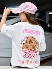 可愛水豚幼崽圖案印花，春夏 男童/女童同款 純棉T卹 羅紋 學院風運動垂感柔軟透氣童裝短袖上衣