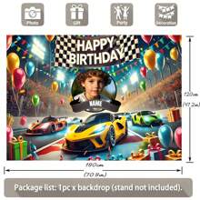 1pc Customizable Photo Name Racing Theme Happy Birthday Backdrop Race Track Black And White Flag Balloon Gift Box Pattern Design For Racing Theme Birthday Party Cake Table Decoration Photography Banner Vinyl