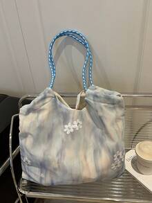 女士大容量通勤包，2025水彩画和云朵印花托特包，优雅斜挎单肩包 - 藍色 - 查看 2