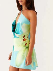 Women Y2K Halter Neck Mini Dress V Neck Floral Going Out Dress Open Back Satin Bodycon Party Dresses - 藍色 - 查看 4