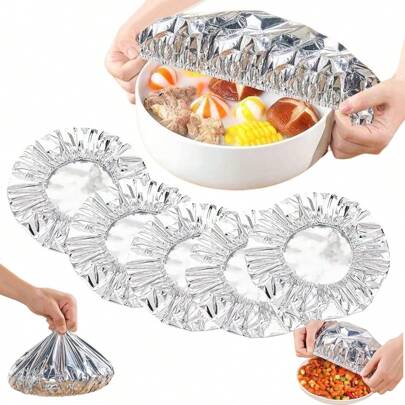 50pcs Aluminum Foil Food Covers, Stretchable Thermal Insulation Lids For Keeping Food Fresh, Sealing Leftover Containers, Pots And Dishes, Heat-Resistant Table Meal Warmer Foil Covers
