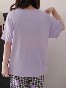 AICJ 2 件女士舒适心形格子蝴蝶结字母印花睡衣套装 - 短袖圆领 T 恤和短裤，针织面料，宽松休闲，适合春夏季，孕妇家居服 - 紫色 - 查看 3