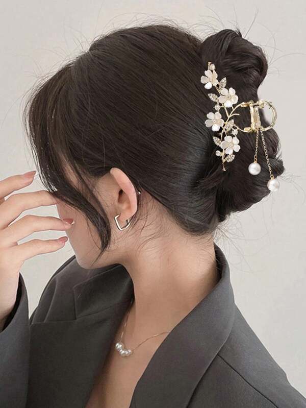 1pc Women's Multi-Color Rhinestone Faux Pearl Floral Tassel Hair Claw Clip, Fashionable Elegant Half-Bun Hairpiece For Daily Use, School Stuff, College Hair Accessories Autumn Accessories Fall Winter Flower Hair Clip For Vacation Outfits Woman