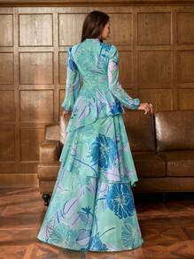 Faeriesty Druck elegantes Chiffonabendkleid mit Blumendrucken, hoher Kragen Glockenärmel - Geschichtetes Rüschenoberteil, perfekt für boho Gartenhochzeiten, vintage Braut-Bankette und rote Teppich Auftritte