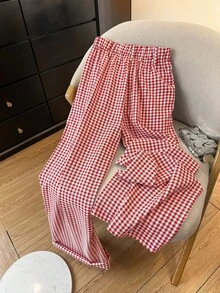 Plaid Print Elastic Waist Straight Leg Pants, Suitable For Office, Business, Vacation, Casual, Daily Wear, College, Travel, Spring/Summer New Arrival - Rose Red - View 2