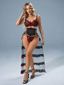 Women's Sexy Lingerie Set, Sheer Lace Ruffle Hem, Suitable For Holidays And Weddings - 黑色 - 查看 4